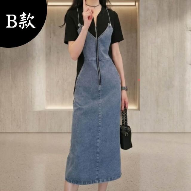 【米蘭精品】現貨出清 連身裙短袖洋裝(牛仔拼接收腰中長款女裙子4款74km53)