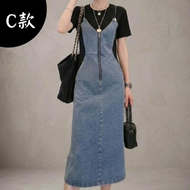 【米蘭精品】現貨出清 連身裙短袖洋裝(牛仔拼接收腰中長款女裙子4款74km53)