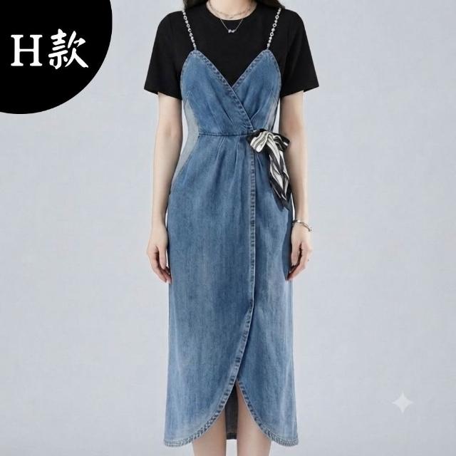 【米蘭精品】現貨出清 連身裙短袖洋裝(牛仔拼接收腰中長款女裙子4款74km53)