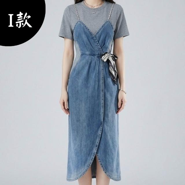 【米蘭精品】現貨出清 連身裙短袖洋裝(牛仔拼接收腰中長款女裙子4款74km53)