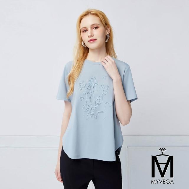 【MYVEGA 麥雪爾】MA涼感彈力棉花卉刺繡/金箔字母擴型版上衣-多款任選(日系/女上衣/涼感/短袖)