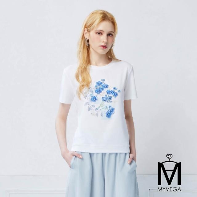 【MYVEGA 麥雪爾】MA涼感彈力棉標準修身版刺繡印花上衣-多款任選(日系/女上衣/涼感/短袖)