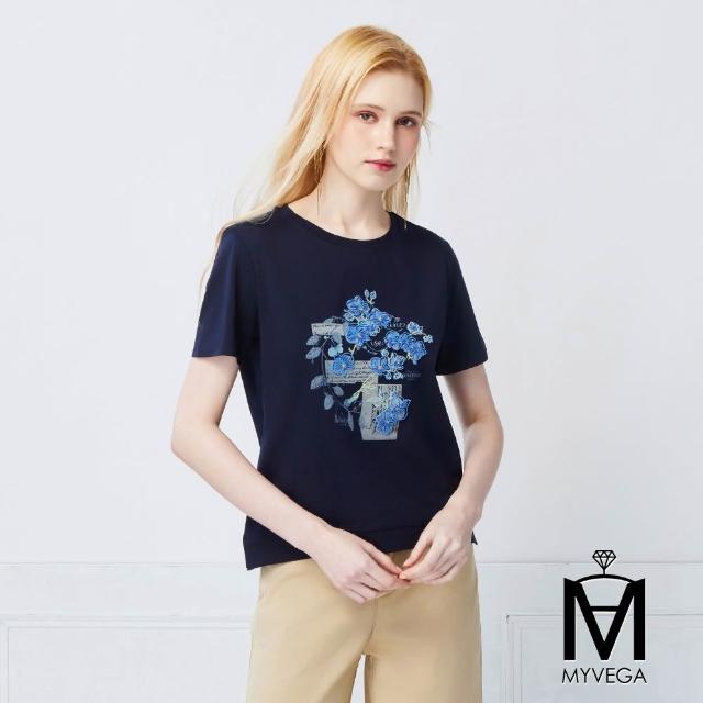 【MYVEGA 麥雪爾】MA涼感彈力棉標準修身版刺繡印花上衣-多款任選(日系/女上衣/涼感/短袖)