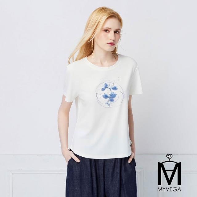 【MYVEGA 麥雪爾】MA涼感彈力棉標準修身版刺繡印花上衣-多款任選(日系/女上衣/涼感/短袖)