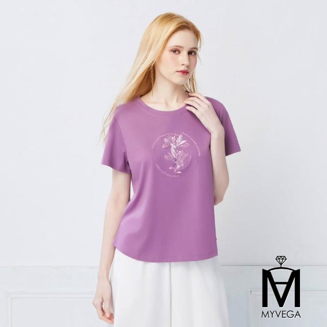 【MYVEGA 麥雪爾】MA涼感彈力棉標準修身版刺繡印花上衣-多款任選(日系/女上衣/涼感/短袖)