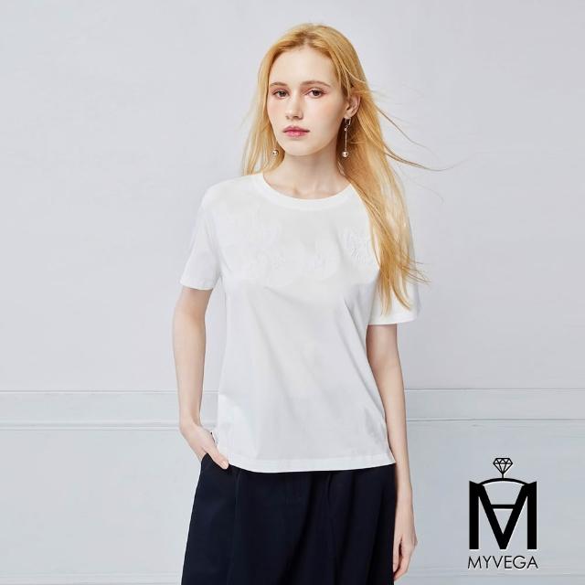 【MYVEGA 麥雪爾】MA涼感彈力棉標準修身版刺繡印花上衣-多款任選(日系/女上衣/涼感/短袖)