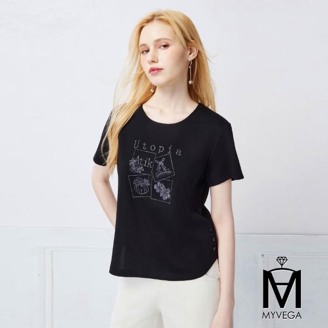 【MYVEGA 麥雪爾】MA涼感彈力棉標準修身版刺繡印花上衣-多款任選(日系/女上衣/涼感/短袖)