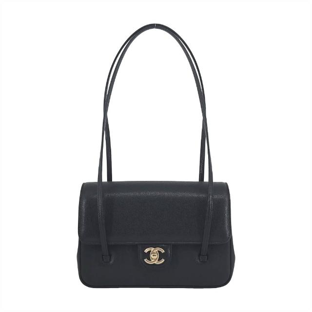 【CHANEL 香奈兒】Preppy coco翻蓋牛皮法棍包(黑/金)