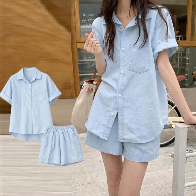 【AS 梨卡】女裝 套裝 冰絲不悶熱 短袖襯衫 冰絲短褲 韓版套裝 夏季套裝 涼爽上衣 HZ120