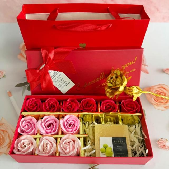 【A-ONE 匯旺】檸檬絲瓜絡去角質皂禮盒 (附手提袋+紅香皂花12朵+金箔玫瑰花) 肥皂 香皂 永生玫瑰 伴娘禮盒