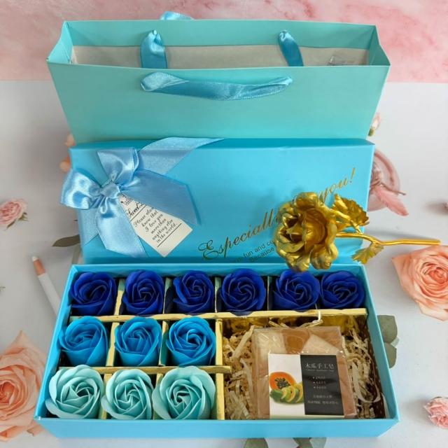 【A-ONE 匯旺】檸檬絲瓜絡去角質皂禮盒 (附手提袋+紅香皂花12朵+金箔玫瑰花) 肥皂 香皂 永生玫瑰 伴娘禮盒