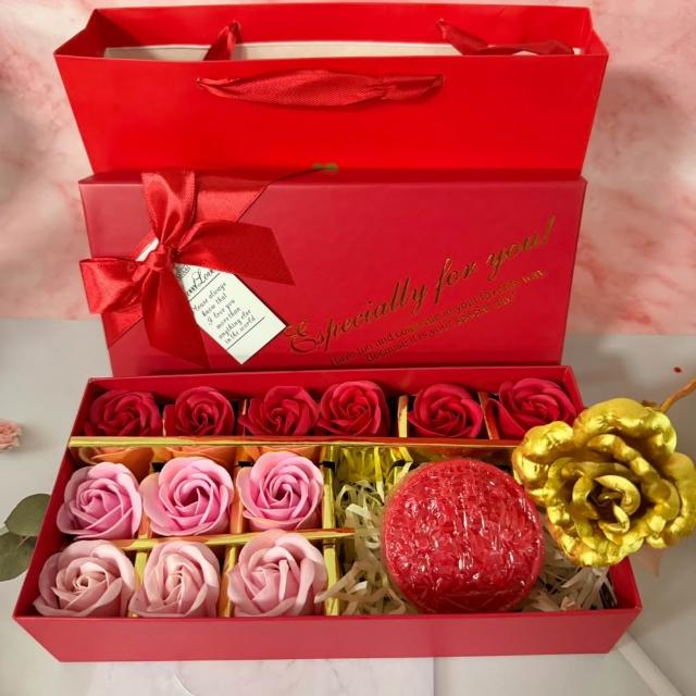 【A-ONE 匯旺】檸檬絲瓜絡去角質皂禮盒 (附手提袋+紅香皂花12朵+金箔玫瑰花) 肥皂 香皂 永生玫瑰 伴娘禮盒