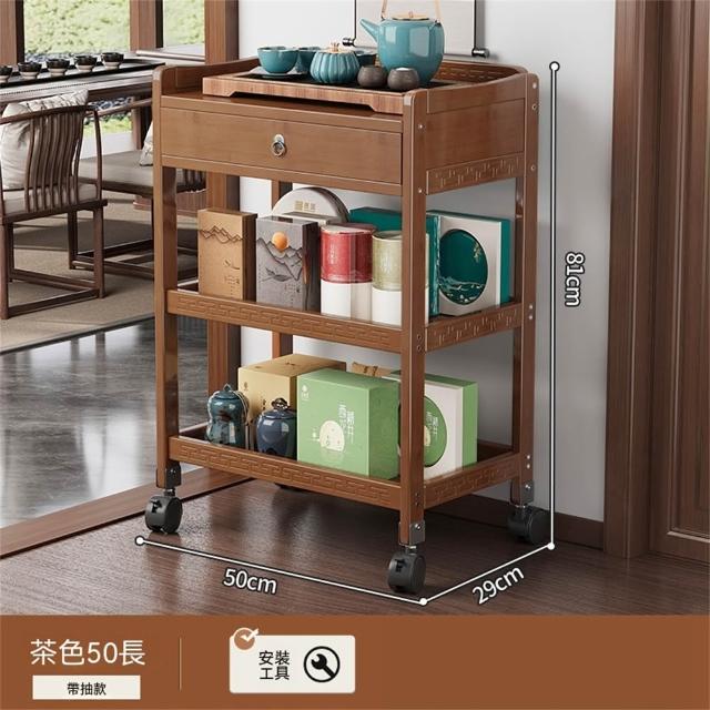 楠竹附輪推車三層附抽屜客廳/ 廚房/ 書房移動收納架辦公室置物架置物推