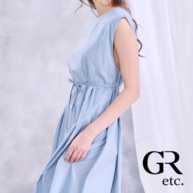【GLORY21】實體同步款-etc.簡約高腰壓褶無袖長版洋裝-藍色(附腰帶)