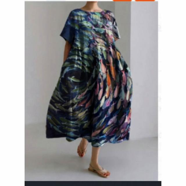 【巴黎精品】現貨+預購 連身裙短袖洋裝大尺碼女裝(圓領寬鬆網版絹印顯瘦長裙女裙子22款b2a8 C)