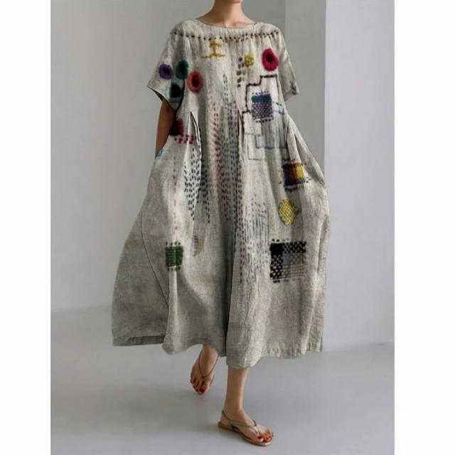 【巴黎精品】現貨限搶 連身裙短袖洋裝大尺碼女裝(圓領寬鬆網版絹印顯瘦長裙女裙子22款b2a8)