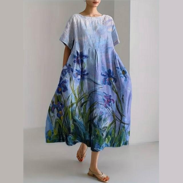 【巴黎精品】現貨限搶 連身裙短袖洋裝大尺碼女裝(圓領寬鬆網版絹印顯瘦長裙女裙子22款b2a8)
