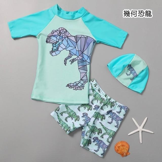 【橘魔法】繽紛恐龍集合插肩短袖泳衣+五分褲泳褲+泳帽 2件式 男童 兒童 童裝 泳裝 夏天 玩水 游泳 海邊