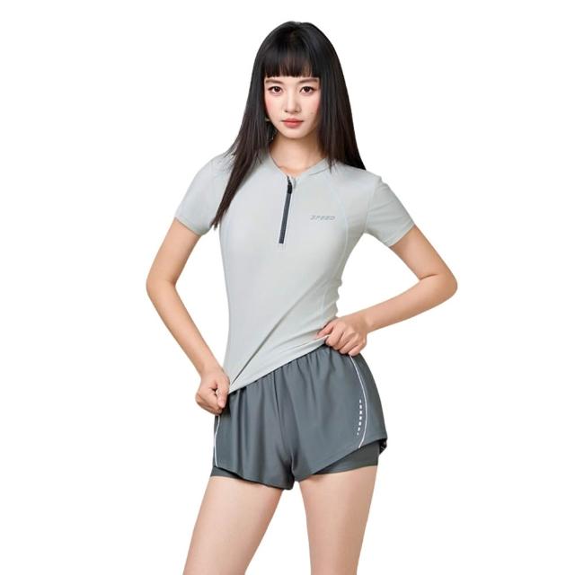 【Friyu】分體兩件式泳衣女 拉鏈遮肉顯瘦 可拆卸胸墊泳裝 連體底褲防走光 運動游泳衣 保守泳裝