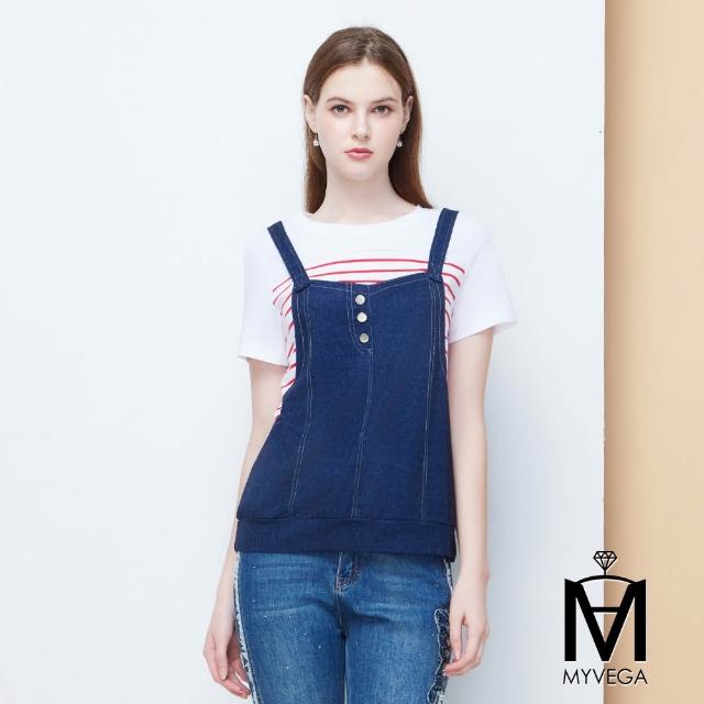 【MYVEGA 麥雪爾】MA高含棉假兩件條紋牛仔吊帶上衣-共二色(女上衣/短袖上衣/假兩件)