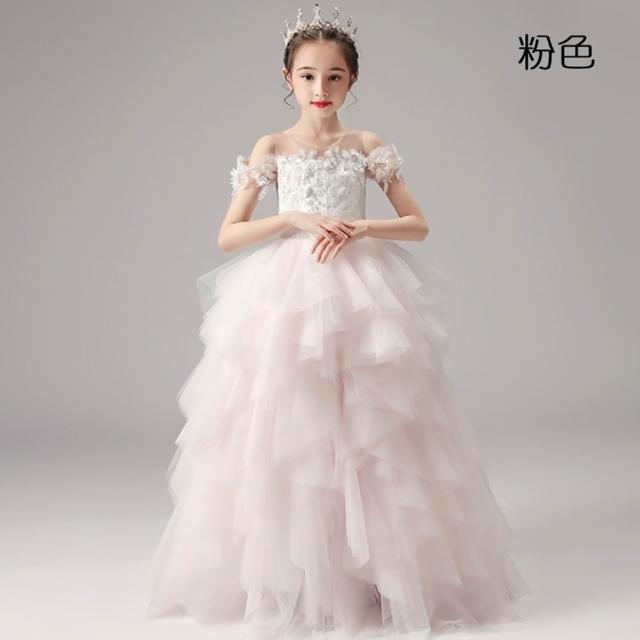 【橘魔法】唯美亮片刺繡花朵一字領澎澎長禮服 大童 女童 花童 童裝 兒童 畢業禮服 婚禮 洋裝 蓬蓬裙 紗裙