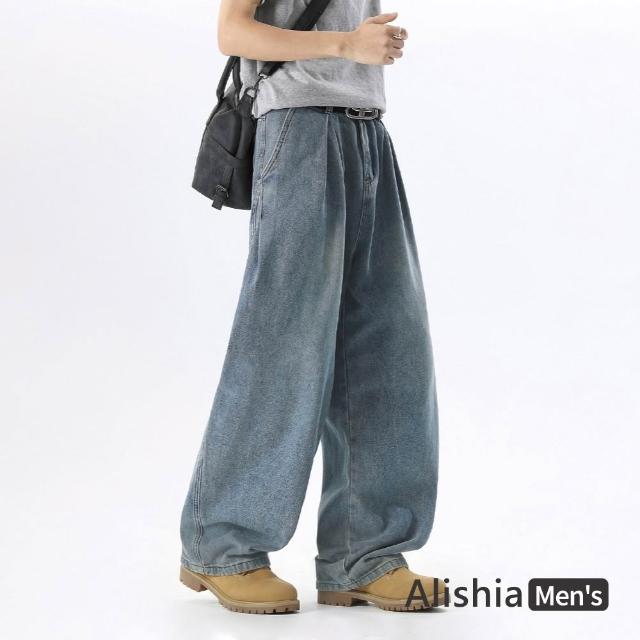 【Alishia】百搭修身打摺直筒男款丹寧褲 長褲 M-3XL (藍色/黑色)