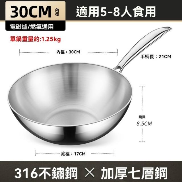 【ZHIPU 芝浦】30cm無蓋款不鏽鋼炒鍋 無塗層炒菜鍋 中式炒鍋不粘鍋平底鍋  (30cm無蓋款導熱均勻抗刮耐磨)