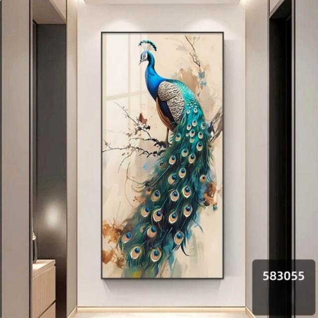 ZHIPU 芝浦】50*100cm 孔雀壁畫豎幅玄關晶瓷掛畫富貴吉祥裝飾畫送禮掛