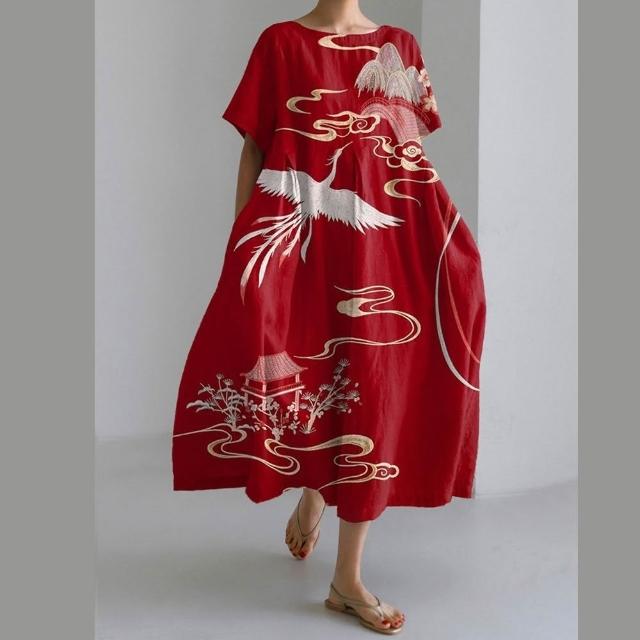 【巴黎精品】現貨+預購 連身裙短袖洋裝大尺碼女裝(圓領寬鬆網版絹印顯瘦長裙連衣裙女裙子14款b2a12 A)