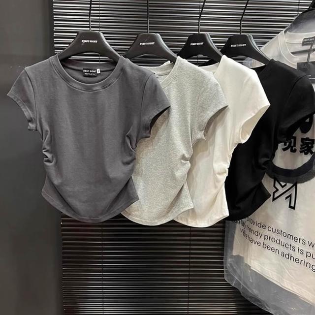 【D.studio】韓版側邊收腰顯瘦短袖上衣 短版上衣 衣服 夏天女裝 短板上衣 短版t恤 女裝 短袖t恤  T701