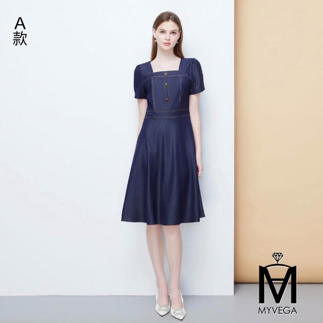 【MYVEGA 麥雪爾】MA仿牛仔復古銅釦/小花絲巾半開襟長洋裝-二款任選(素色洋裝/連身洋裝/女洋裝)