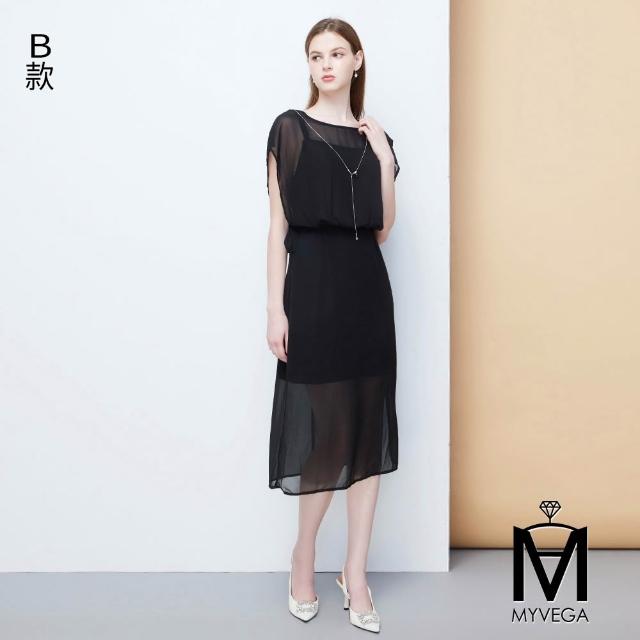 【MYVEGA 麥雪爾】MA點點/素面背後精緻微透光蕾絲拼接長洋裝-二款任選(素色洋裝/連身洋裝/女洋裝)