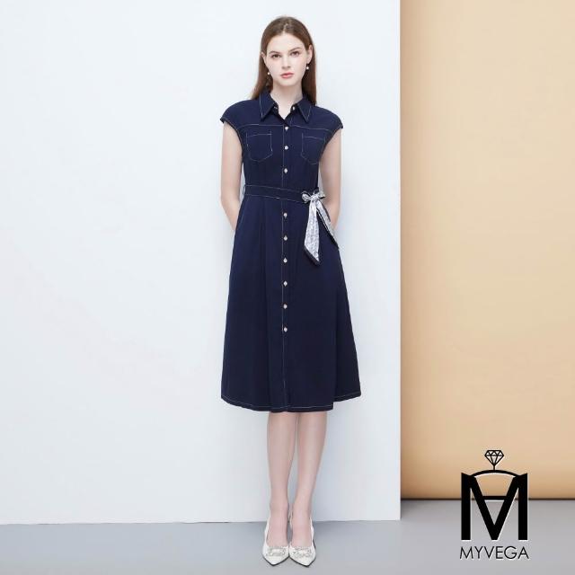 【MYVEGA 麥雪爾】MA同色腰帶/變形蟲腰帶翻領排釦長洋裝-二款任選(素色洋裝/連身洋裝/女洋裝)
