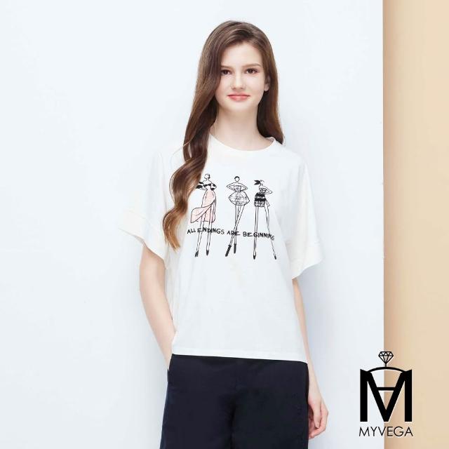 【MYVEGA 麥雪爾】MA涼爽小香風植絨女伶印花落肩蝙蝠袖寬鬆上衣-共三色(日系/女上衣/涼感/短袖)