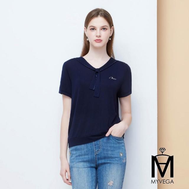 【MYVEGA 麥雪爾】MA水手亮鑽領結刺繡/壓褶領幸運草上衣-二款任選(日系/女上衣/棉T/長袖)