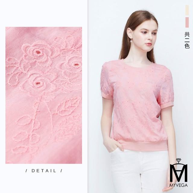 【MYVEGA 麥雪爾】MA天絲簍空花卉刺繡/微透膚袖拼接上衣-二款任選(日系/女上衣/長袖)