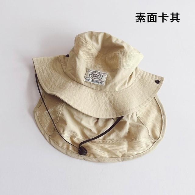 【橘魔法】韓系拚色標布透氣網眼漁夫帽 附防風繩 男童 女童 兒童 童帽 快乾 速乾 披肩帽盆帽 帽子 露營