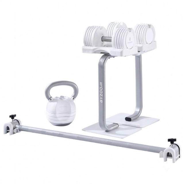 【BYZOOM FITNESS】Pure Series Pure Series 22LB 可調式啞鈴*2+30LB可調式壺鈴+啞鈴專用架+ 專用槓鈴桿