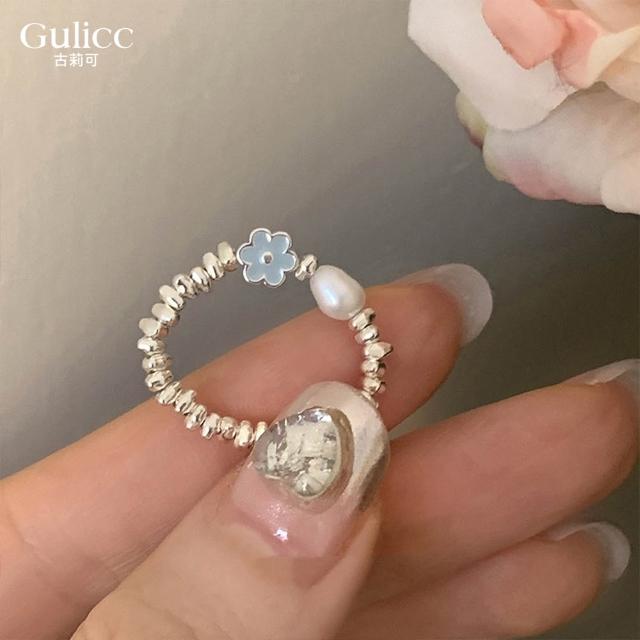 【Gulicc 古莉可】藍色小花 碎銀子珍珠 戒指(7夕情人節 生日 造型戒 食指戒 尾戒 禮物)