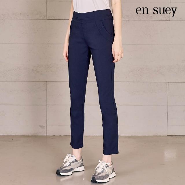 【en-suey 銀穗】裝飾織帶鬆緊休閒直管長褲-女