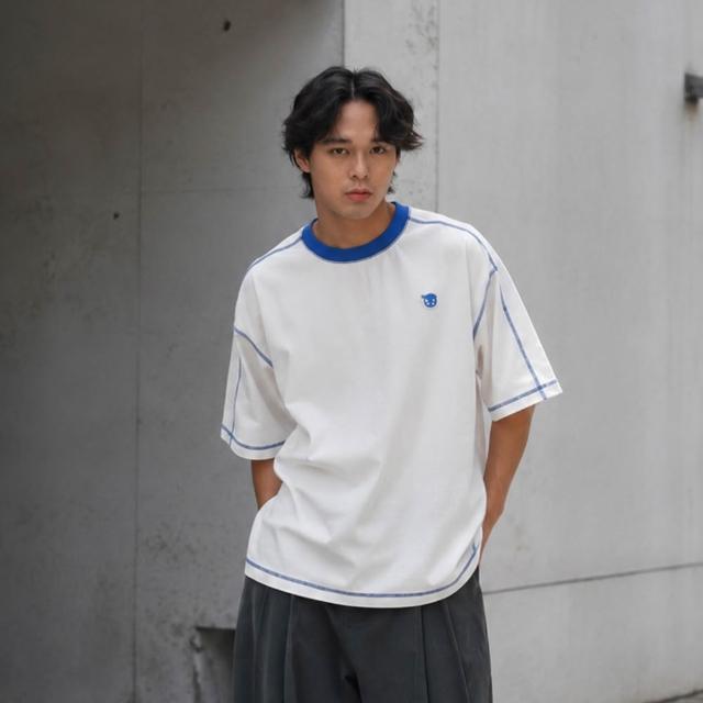 【plain-me】男女款 短袖上衣 條紋 短T 毛巾布 男女裝  寬鬆  小P社長撞色爬線短袖TEE_PPP0013-262