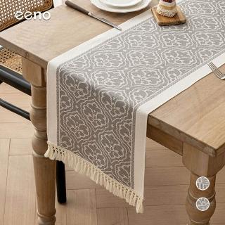 【eeno】類棉麻三防 高級灰緹花桌旗35×180cm流蘇餐桌巾 桌布檯布 長桌墊(CK004)