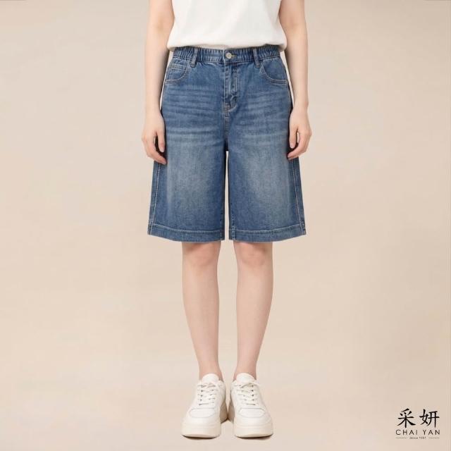【CHAI YAN 采妍】復古水洗後皮標牛仔五分褲(春夏女裝/中大尺碼/牛仔褲/休閒褲/寬褲/短褲)