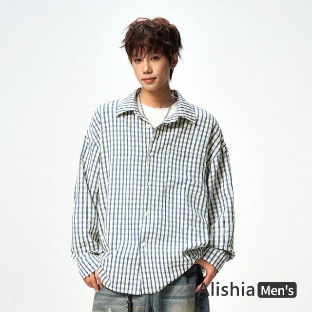 【Alishia】復古百搭經典格紋翻領開襟襯衫 外搭 長袖上衣 M-3XL(藍色 / 藏青色 / 黑色)