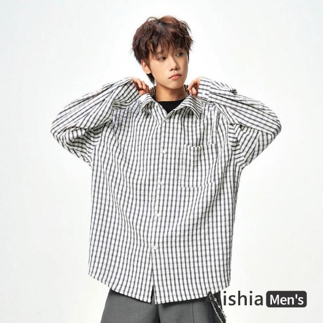 【Alishia】復古百搭經典格紋翻領開襟襯衫 外搭 長袖上衣 M-3XL(藍色 / 藏青色 / 黑色)