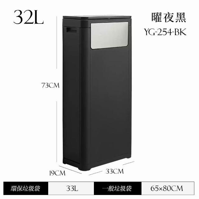 【FL 生活+】立式雙開密封縫隙垃圾桶32公升(推板 彈蓋 防臭 縫隙垃圾桶 隱藏垃圾袋 貼牆省空間 YG_254)