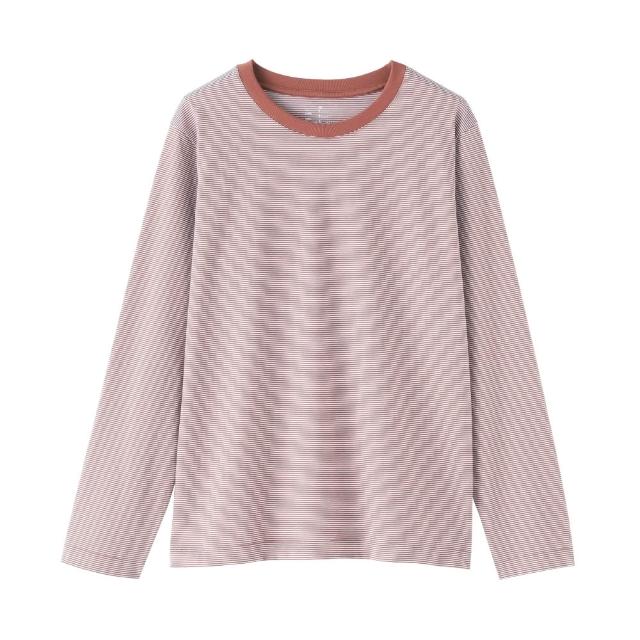【MUJI 無印良品】女天竺圓領長袖T恤(白色/黑色/綠色/棕色/黑紋樣/磚紅紋樣/綠紋樣/灰棕紋樣)