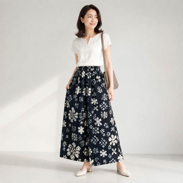 【Amore】鬆緊高腰輕薄涼感大褲裙 棉綢闊腿褲  7色