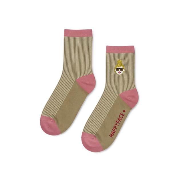 【HAPPYFACE】怪EMMA刺繡條紋短襪 高彈性羅紋襪口 舒適百搭襪(G32269)