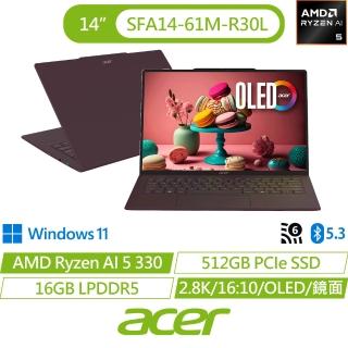 【Acer 宏碁】14吋Ryzen AI 5 3K OLED輕薄AI筆電-勃根地紅(Swift Air/SFA14-61M-R30L/R5-330/16G/512G/W11)